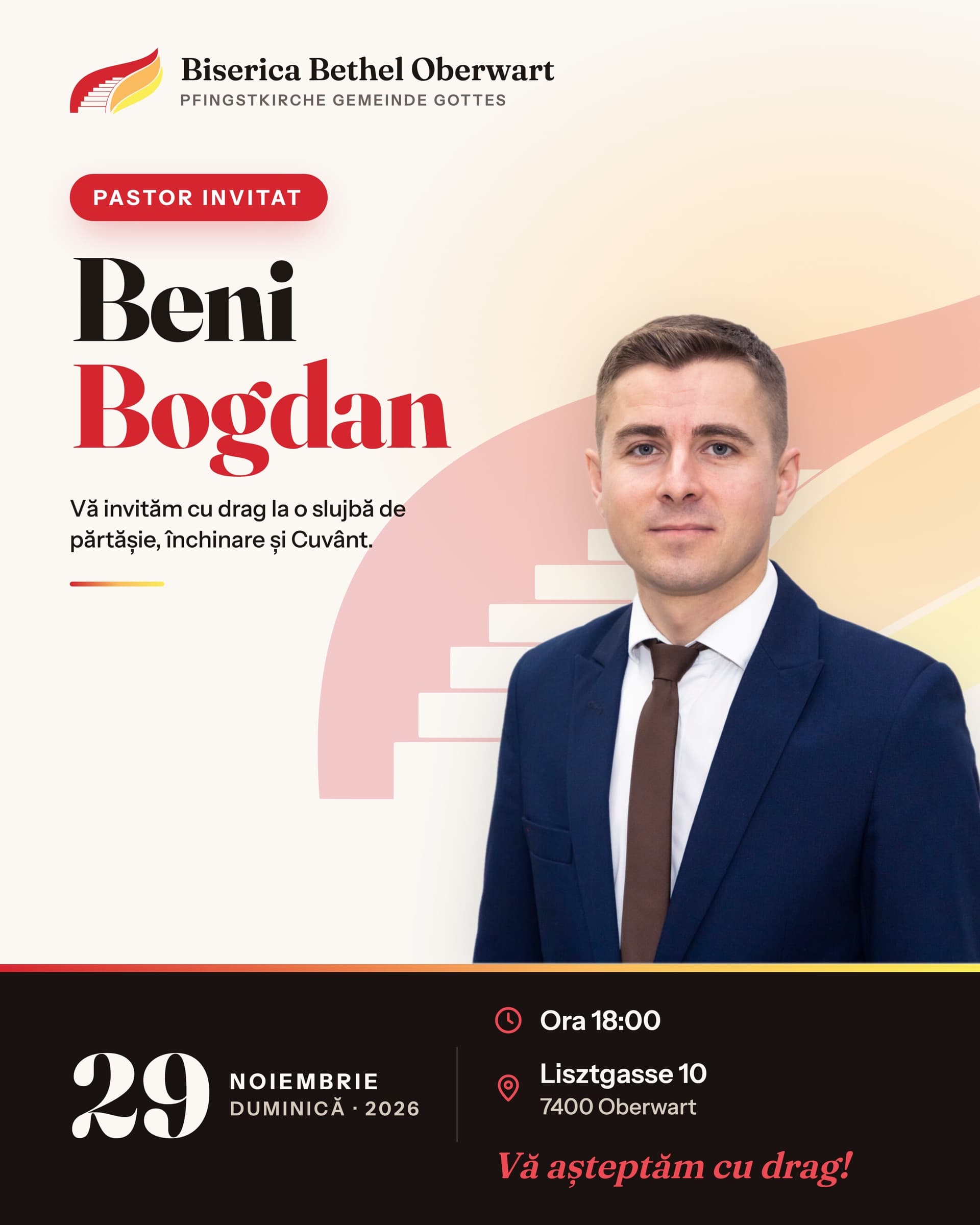 Afiș: pastor invitat Beni Bogdan, duminică, 29 noiembrie 2026, ora 18:00, Lisztgasse 10, 7400 Oberwart