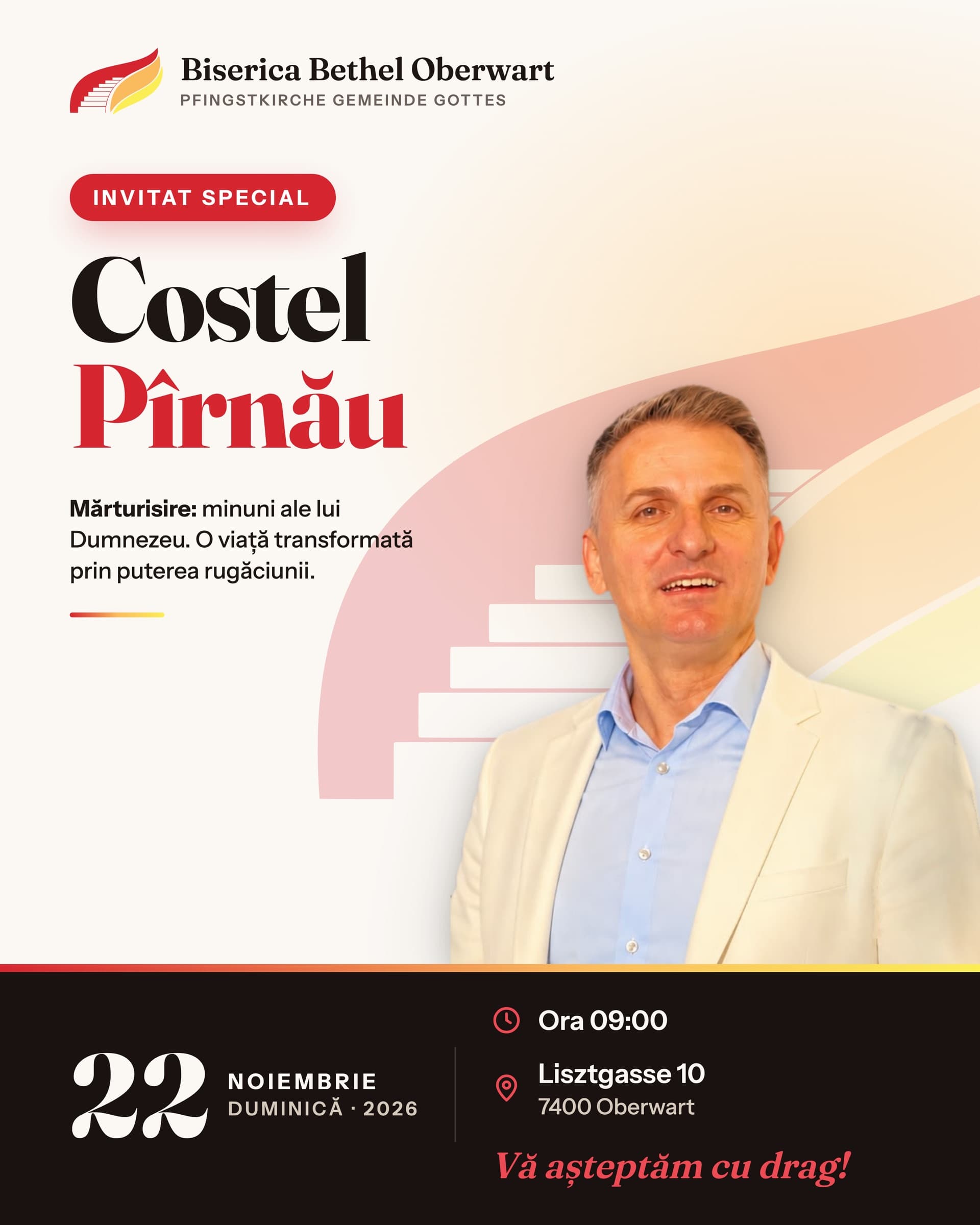 Afiș: invitat special Costel Pîrnău, duminică, 22 noiembrie 2026, ora 09:00, Lisztgasse 10, 7400 Oberwart